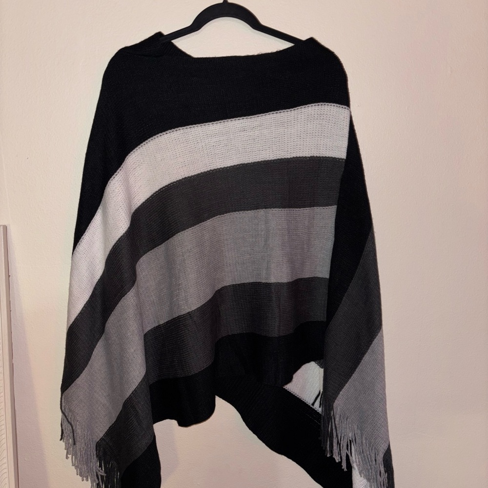 Striped Black & Gray Fringe Knit Poncho
